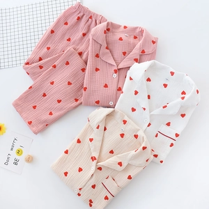 Pure cotton long-sleeved pajamas set with red heart print in pink, white and beige colors