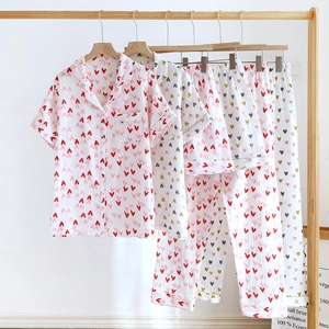 Damen Schlafanzug Baumwollmull Herz Druck Kurzarm Oberteil Mit Shorts Und Langer Hose Lässige Hausanzug Schlafbekleidung