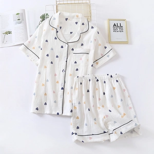 Women Summer Cotton Gauze Pajama Set Printed Heart Short Sleeve Top And Bottom Loose Notch Lapel Homewear Nightwear