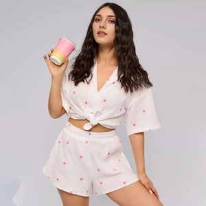 Women Casual Cotton Pajamas Heart Print Short Sleeve Shirt And Shorts Loungewear Lapel Button Down Sleepwear Home Wear Nightwear