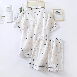 Women's heart print short pajama set in white breathable crepe cotton with black piping