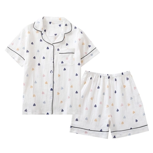 Women's summer heart print cotton pajamas set with short sleeves and shorts in white