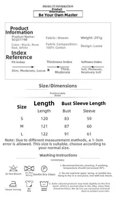 Size chart and fabric details for loose long sleeve cotton crepe bathrobe for women