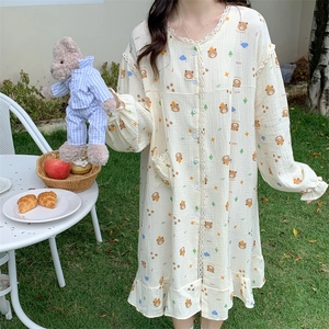 Women's Cute Cartoon Bear Print Cotton Pajamas Long Sleeve Loungewear With Lace Trim Sweet Home Nightgown Top And Bottom