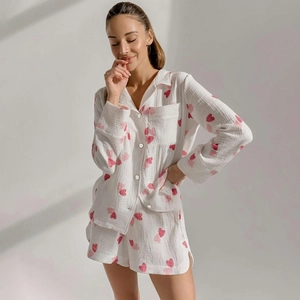 Women Heart Print Cotton Muslin Pajama Set Long Sleeve Button Down Top And Shorts 2 Piece Lounge Wear Soft Breathable Home Set