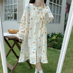 Cute beige long sleeve nightgown with cartoon bear print and white lace trim detail