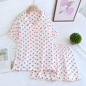 Damen Sommer Baumwolle Gaze Schlafanzug Oberteil Und Hose Süße Herz Print Kurzarm Revers Loungewear Bequeme Nachtwäsche