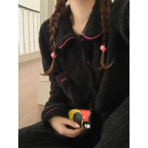 Women Sweet Coral Fleece Thickened Pajama Sleepwear Winter Warm Lapel Long Sleeve Top And Pants Homewear