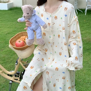 Sweet long sleeve cream pajama dress with bear patterns and delicate lace edges