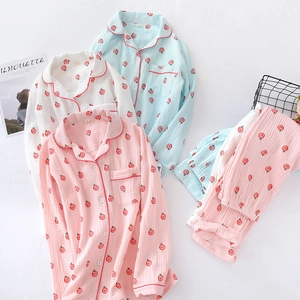 Pure cotton long-sleeved women's heart-patterned crepe pajama sets in pink white and blue