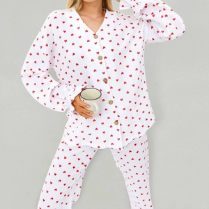 Ensemble de Pyjama Femme 100% Coton Imprimé Cœur Cardigan Col en V Haut à Manches Longues et Pantalon Long