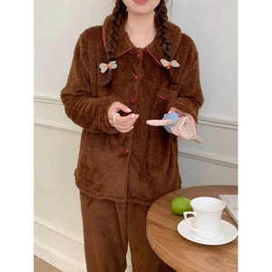 Winter fleece pajamas set in dark brown with pink piping trim for cozy home comfort