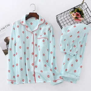 Women cotton pajamas set with blue gauze fabric and red lollipop print details