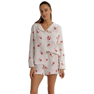 Women's white cotton pajama set with red heart print, long sleeves and shorts