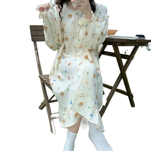 Women's long sleeve bear print nightgown with lace trim and button-down front
