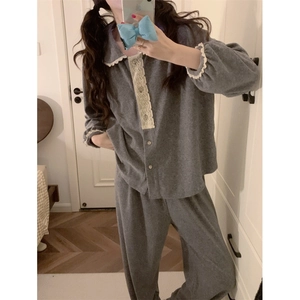 Ensemble Pyjama en Coton à Col Claudine Mignon pour Femmes Douce Dentelle Épissage Manches Longues Top Et Pantalon Automne Hiver