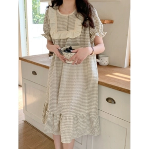 Nuisette Douce Princesse en Dentelle Plaid pour Femmes Été Manches Courtes Lâche Gingham Volants Robe de Chambre Loungewear