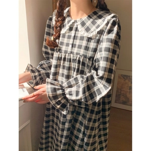 Damen Koreanischer Stil Karierter Schlafanzug Oberteil Und Hose Und Nachthemd Spitze Peter-Pan-Kragen Langarm Baumwolle Süße Nachtwäsche Hausanzug