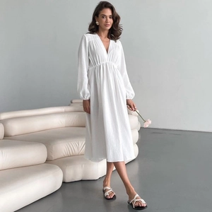 Chemise de Nuit Femme 100% Coton Manches Longues Col en V Décontractée Ample Gaze Respirante Robe de Chambre Longue