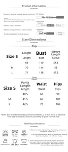 Detailed size guide and cotton care instructions for the long sleeve pajama set