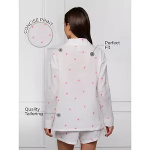 Women's white pajama set with pink hearts, long sleeve shirt and shorts loungewear