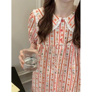 Short sleeve bear print pajama set with red stripes and lace Peter Pan collar
