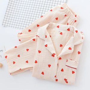Women's cream cotton gauze pajama set with red heart print and long sleeves