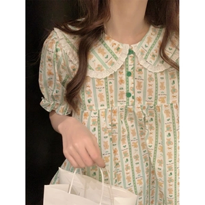 Cute teddy bear pajama set with green vertical stripes and lace Peter Pan collar