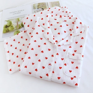Women Cotton Crepe Heart Print Pajama Top And Bottom Lapel Long Sleeve Sleepwear Loose Loungewear Shirt And Pants For Ladies