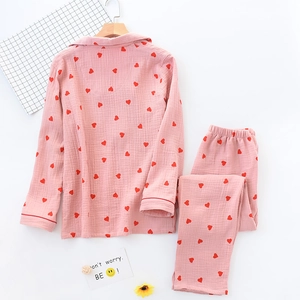 Pink heart print cotton pajama set with long sleeves and lapel collar for women