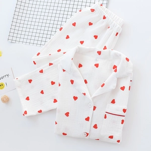 Women's cotton pajama set with red heart print, long sleeve lapel shirt and trousers