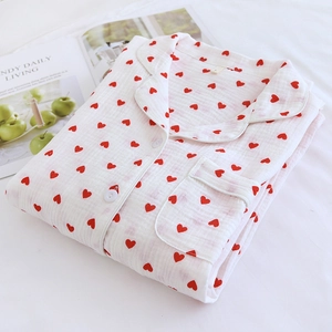 Women's heart print cotton gauze pajama set with lapel collar and long sleeves