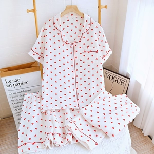Women's Japanese Style Cotton Gauze Pajama Set Short Sleeve Top And Long Pants And Shorts Three Piece Heart Print Loungewear
