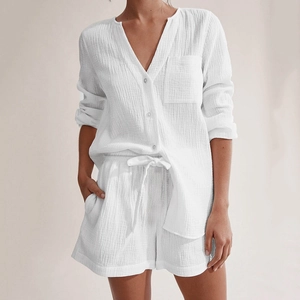 Women Cotton Double-Layer Gauze Pajama Set Solid Color Long Sleeve Top And Bottom Homewear V-Neck Casual Comfortable Sleepwear Set