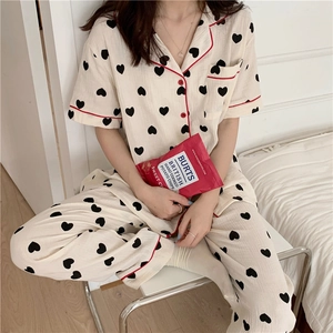 Short sleeve cotton pajama set with heart print and red contrast piping detail