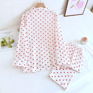 Women's white cotton pajama set with red heart prints and long sleeves for all seasons