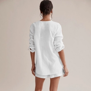 Women's white double gauze cotton lounge set with long sleeves and shorts back view