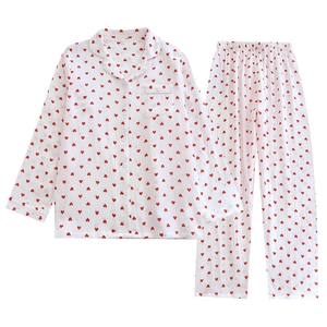 Women's cream cotton crepe pajamas set with red heart prints and long sleeves