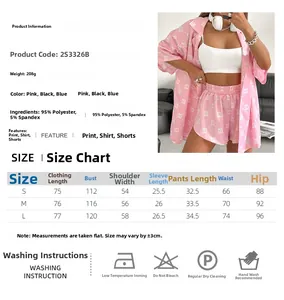 Size chart for women's printed shirt and pants set showing S, M, L dimensions and wash care