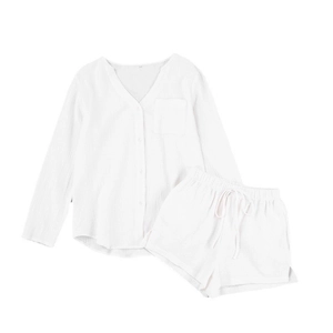 Women's white double-layer cotton gauze pajama set with long sleeves and drawstring shorts