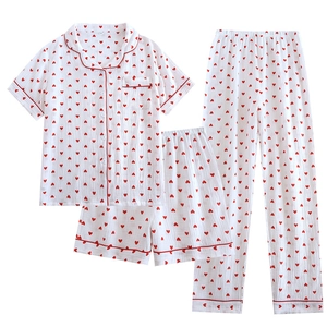 3-piece cotton gauze pajamas set for women with red heart print and short sleeves