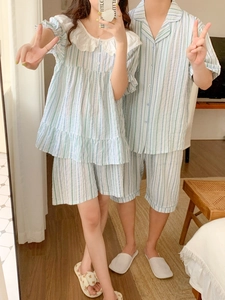 Ensemble pyjama rayé pour couple avec col de poupée et chemises pour tenue d'intérieur