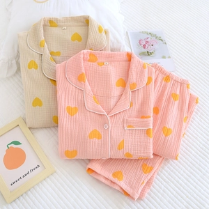Ensemble pyjama en crêpe de coton à motif cœur pour femme avec chemise à manches longues