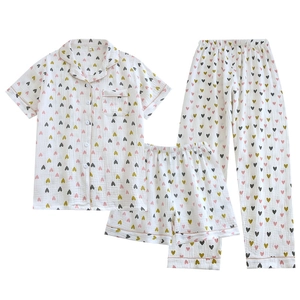 Damen 3-teiliges Baumwoll-Pyjama-Set mit Herzmuster, Kurzarm-Oberteil, Hose und Shorts