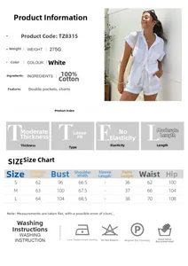 Size guide for French style cotton linen set with shirt and shorts measurements in cm
