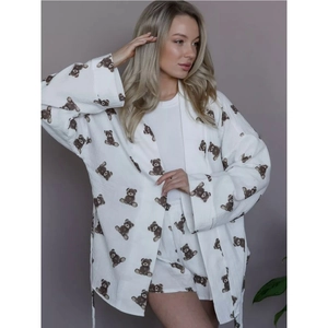 Women Muslin Cotton Cartoon Bear Print Pajamas Long Sleeve Tie Wrap Top And Matching Shorts Casual Sleepwear Home Wear