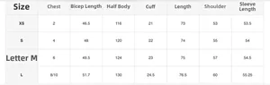 Detailed size chart for women's two-piece set including bust, length and shoulder measurements