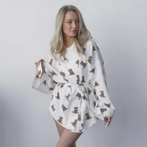 Women cotton muslin pajama set with long sleeves and brown bear print and waist tie