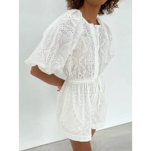 Combinaison Blanche Broderie Anglaise Femmes Manches Bouffantes Taille Cordon Romper Court Été Décontracté Vacances