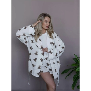 Women's 2-piece cotton pajamas set with cute teddy bear print long sleeve and shorts
